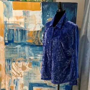 Soft Surroundings Velvet Burnout Button-Up Blouse in Royal Blue